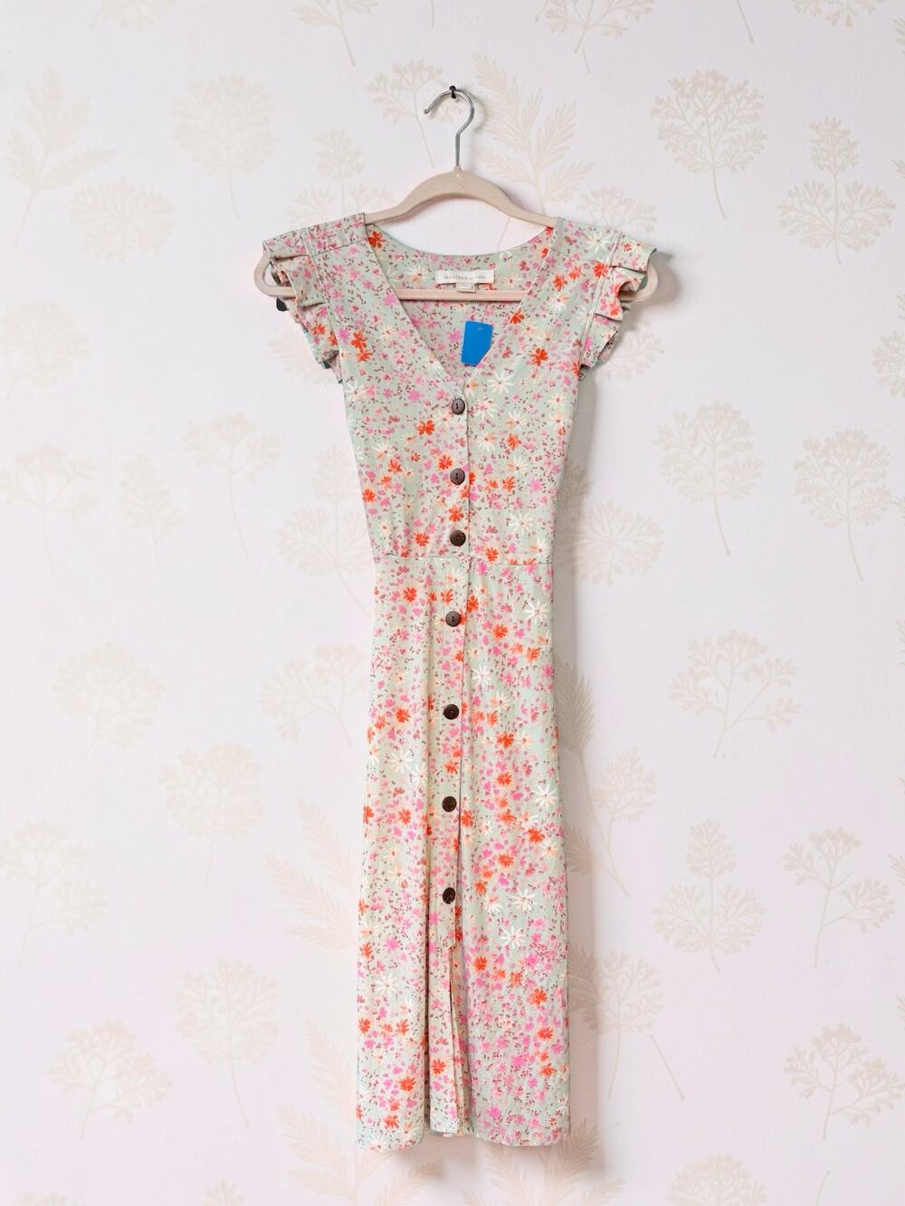 Monteau Los Angeles Floral Midi Dress Small Button Front Flutter Sleeve TieWaist